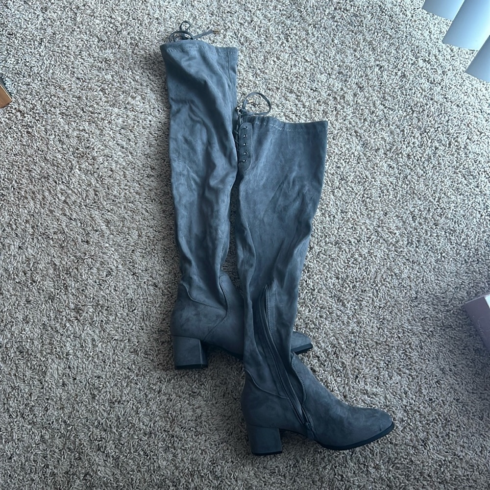 Over the knee gray suede boots
